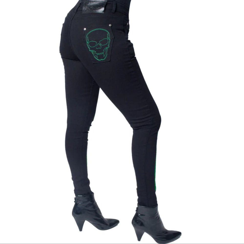 Women's Black Skinny Stretch Jeans Skeleton Bones Skull Coffin Pockets 26-40 NWT - Picture 4 of 5